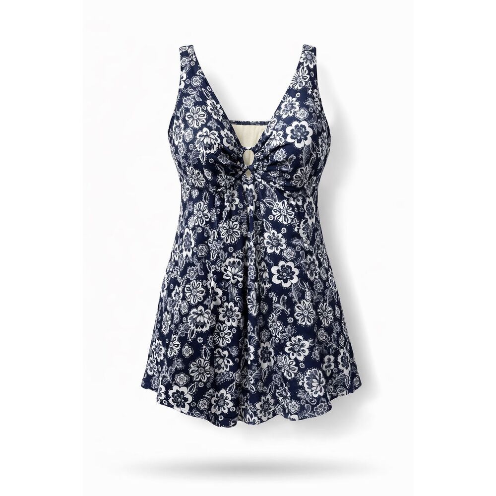 Fit 4 U Swim Dress 22W Plus Size Tummy Control One Piece Skirted Swimwear Blue &